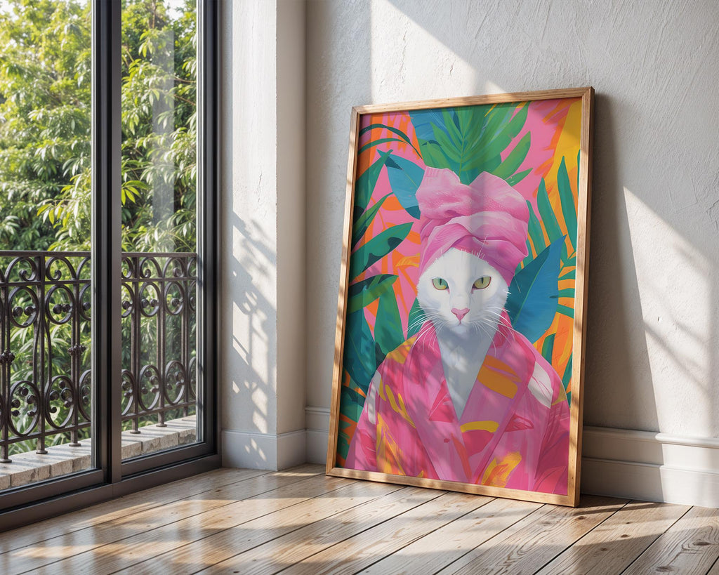 Colourful Prints | Funny Cat Print | Tropical Bathroom Art, Spa Day Poster wall art print, modern home decor, unframed artwork by Nomad & Nest