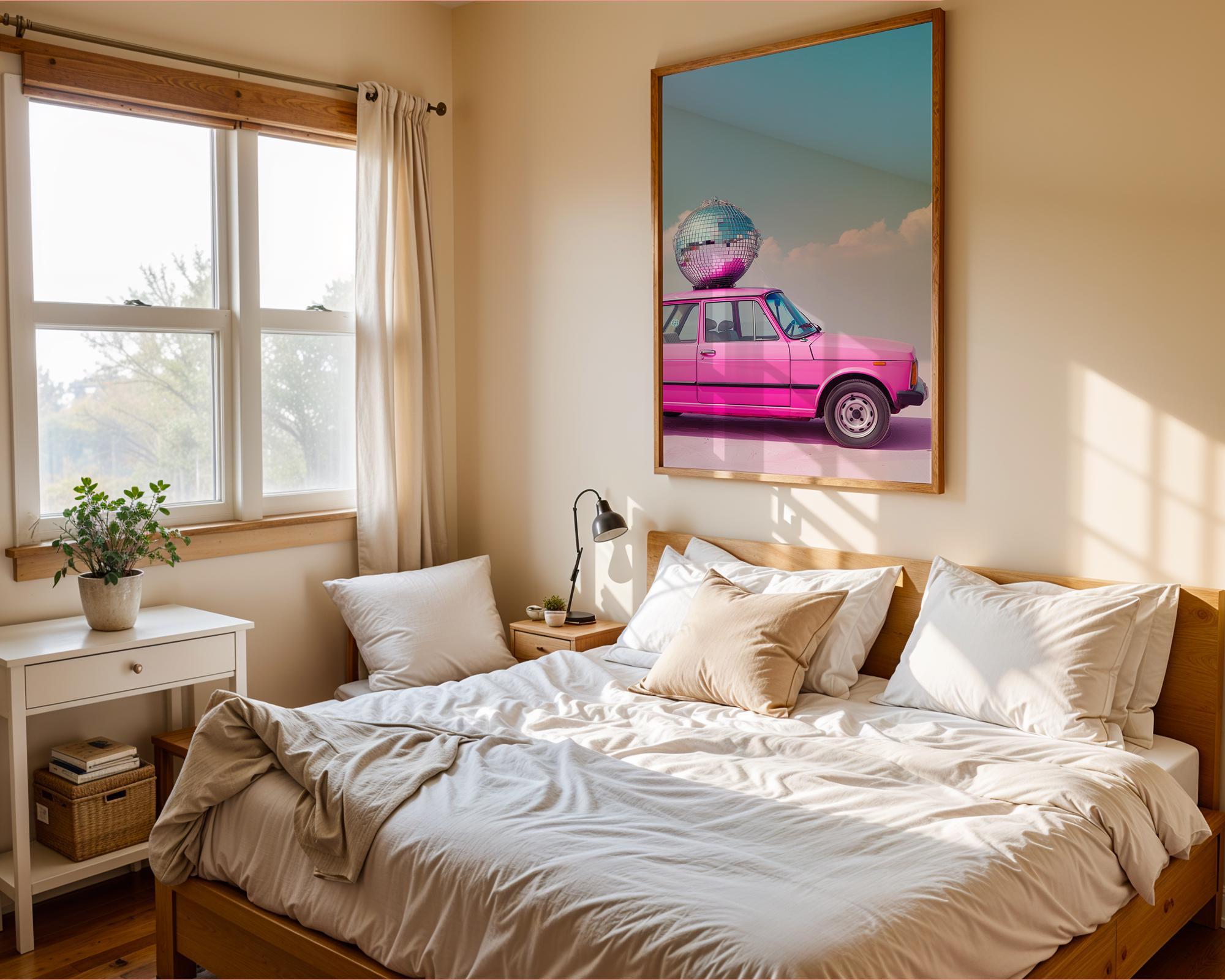 Colourful Prints | Pink Disco Car Print | Retro Pop Art for Fun Homes wall art print, modern home decor, unframed artwork by Nomad & Nest