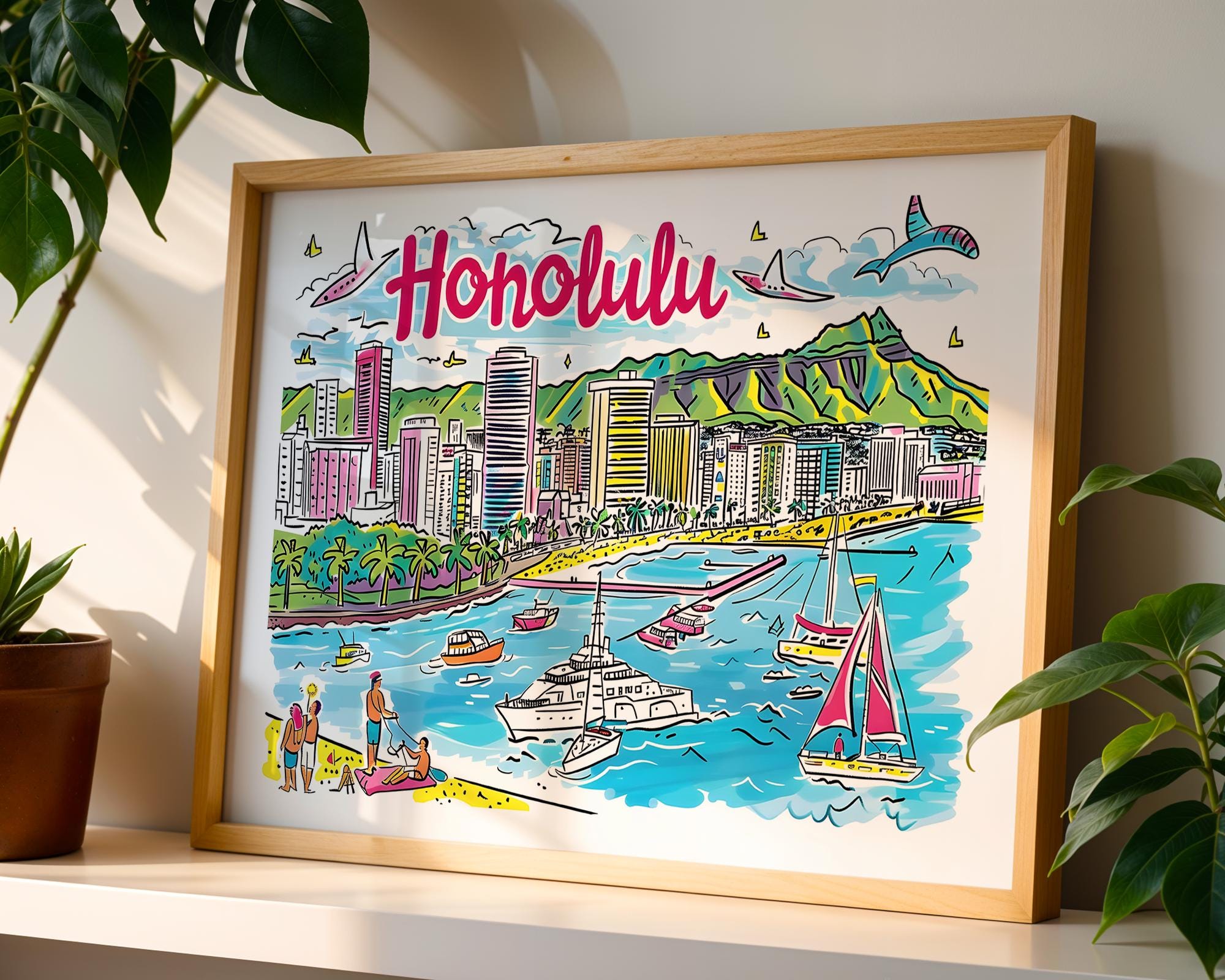 Honolulu Hawaii Art Print | Waikiki Beach Travel Poster wall art print, modern home decor, unframed artwork by Nomad & Nest