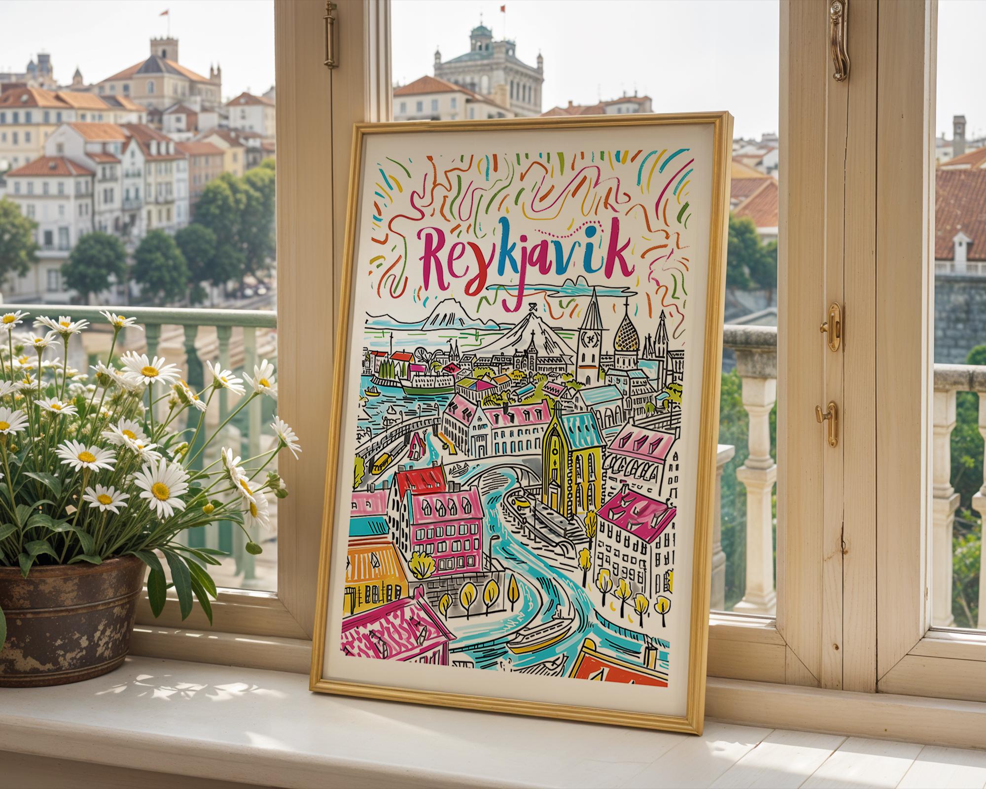 Reykjavik Iceland Travel Poster | Colorful Nordic Cityscape Art Print wall art print, modern home decor, unframed artwork by Nomad & Nest