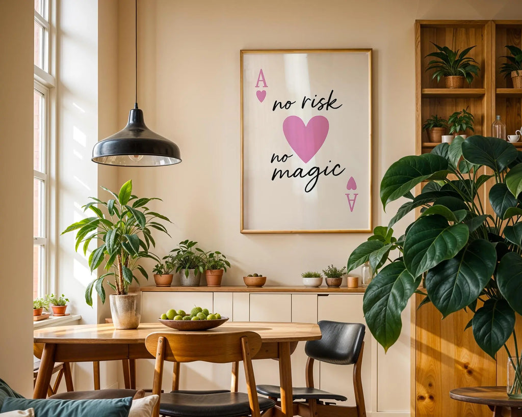 Motivational Quote Print – No Risk No Magic, Pink Heart Art wall art print, modern home decor, unframed artwork by Nomad & Nest