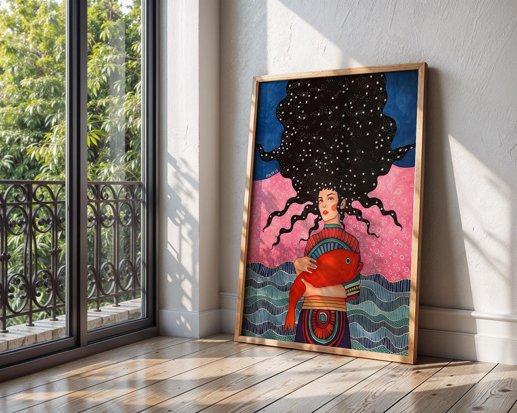 Surreal Woman with Fish Art Print | Cosmic Colorful Wall Decor wall art print, modern home decor, unframed artwork by Nomad & Nest