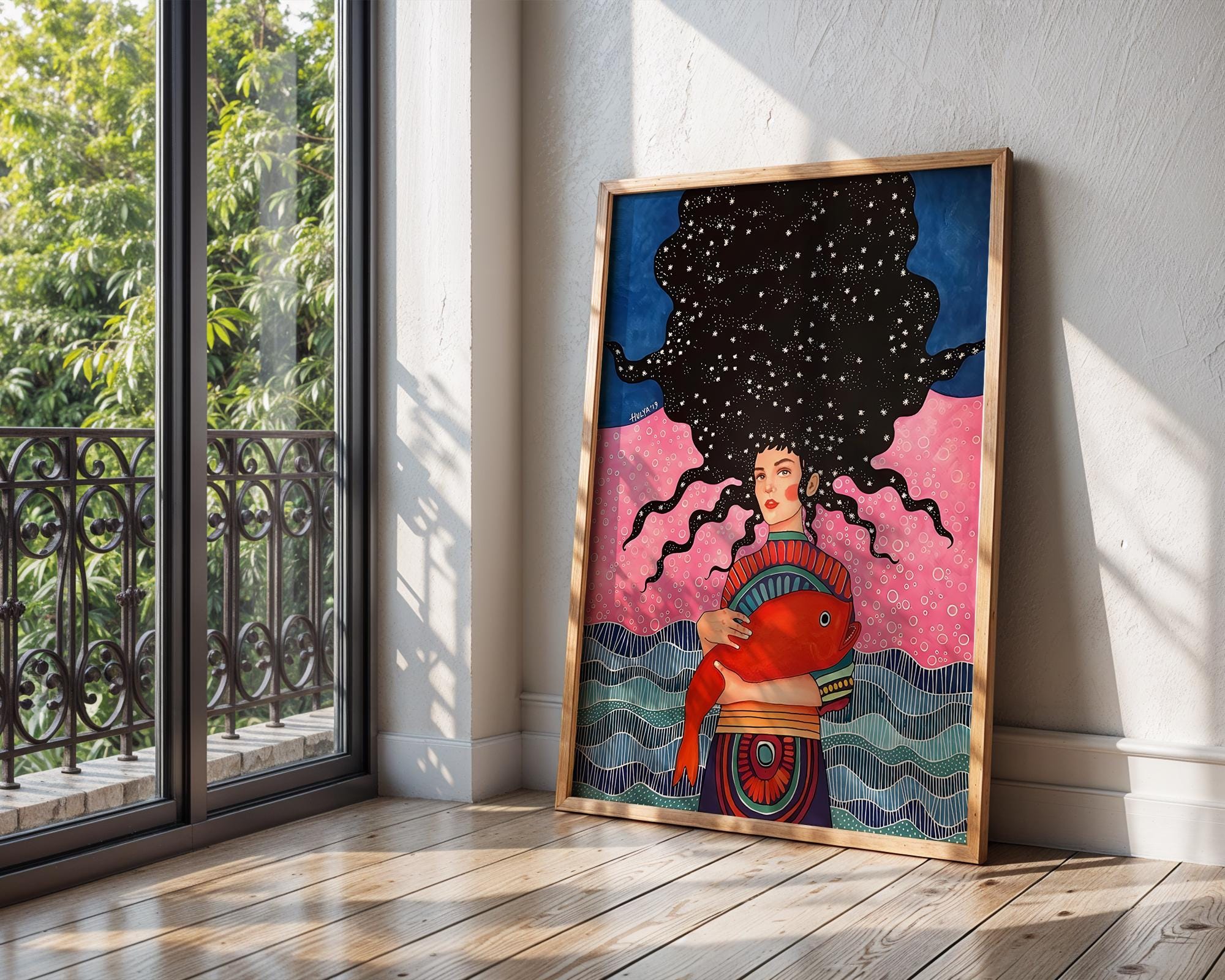 Surreal Woman with Fish Art Print | Cosmic Colorful Wall Decor wall art print, modern home decor, unframed artwork by Nomad & Nest