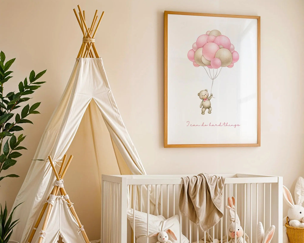 Playroom Ideas | Floating Bear Nursery Wall Art | Dreamy Balloon Baby Print wall art print, modern home decor, unframed artwork by Nomad & Nest