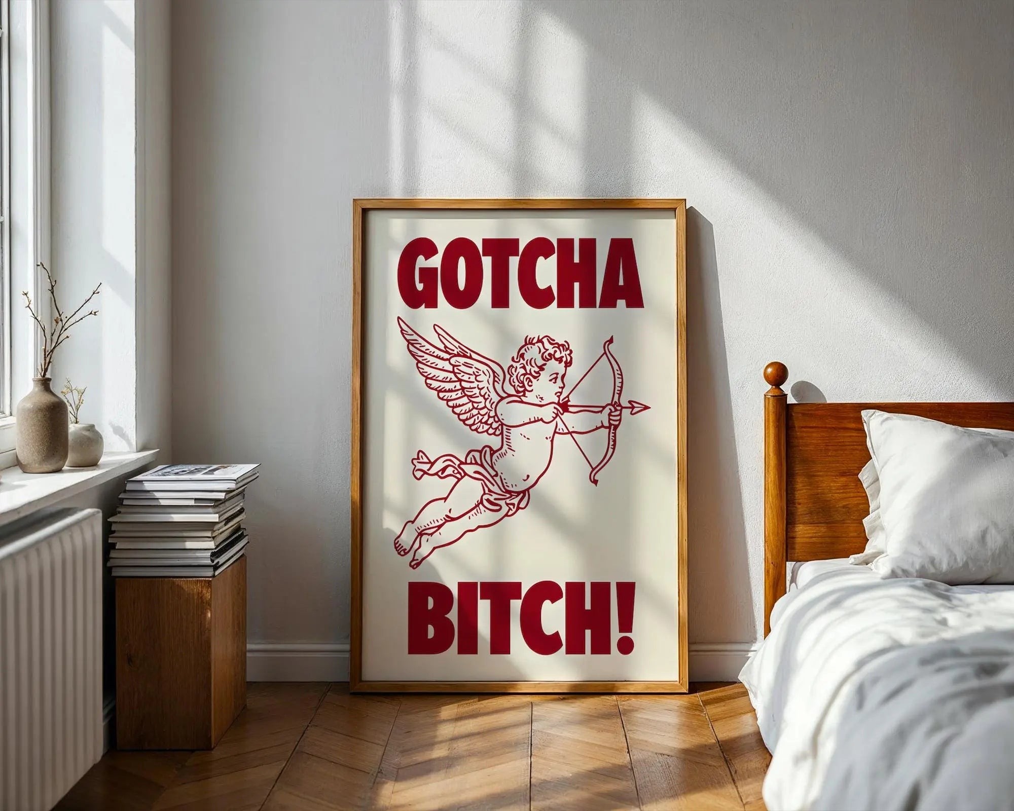 Positive Emotion | Gotcha Bitch Cupid Wall Art | Bold Vintage Illustration | Cheeky Statement Poster wall art print, modern home decor, unframed artwork by Nomad & Nest