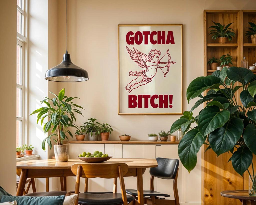 Positive Emotion | Gotcha Bitch Cupid Wall Art | Bold Vintage Illustration | Cheeky Statement Poster wall art print, modern home decor, unframed artwork by Nomad & Nest