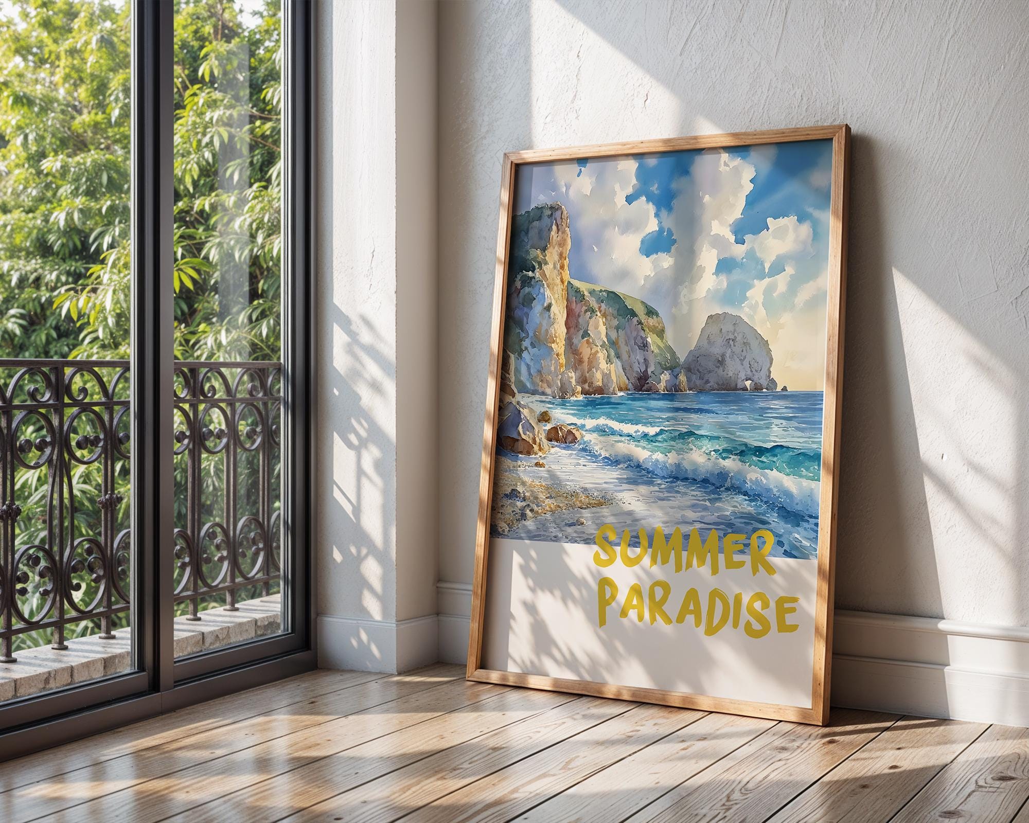 Colourful Prints | Coastal Cliffs Beach Scene Art Print | Summer Travel Poster wall art print, modern home decor, unframed artwork by Nomad & Nest