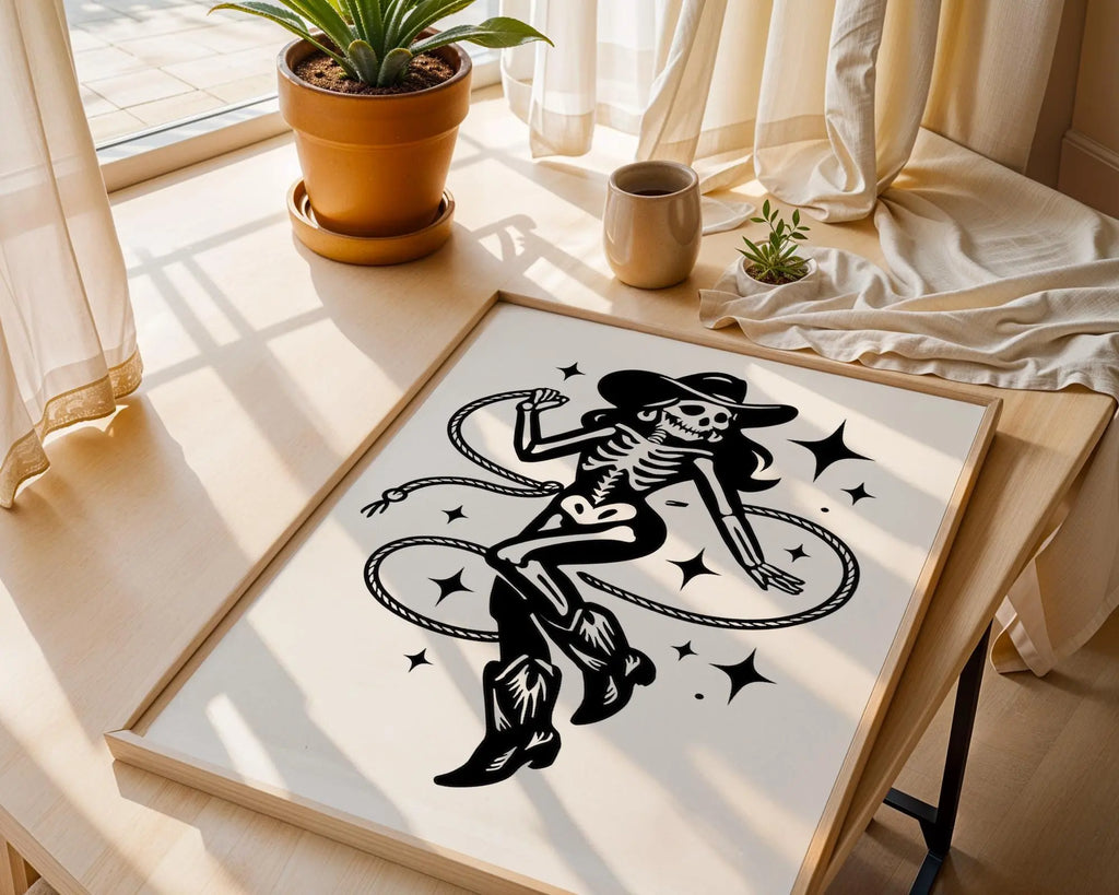 Gothic Cowgirl Skeleton Art Print – Dark Western Wall Decor wall art print, modern home decor, unframed artwork by Nomad & Nest