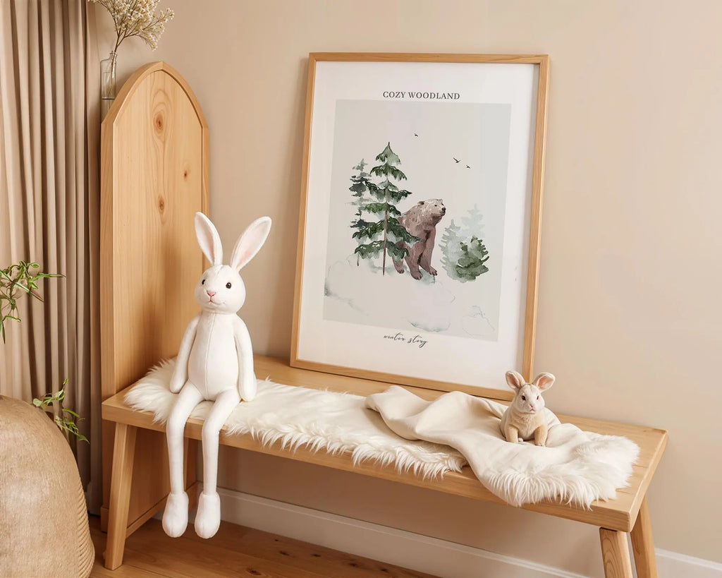 Playroom Ideas | Woodland Bear Nursery Wall Art | Winter Forest Animal Illustration wall art print, modern home decor, unframed artwork by Nomad & Nest