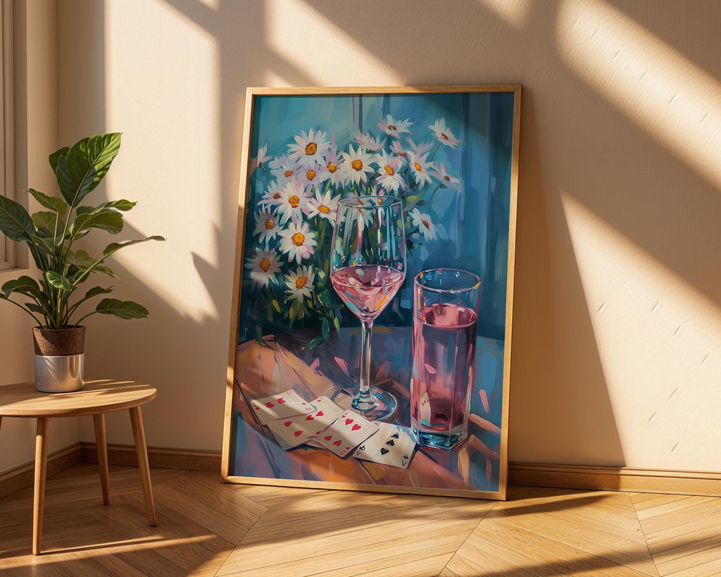 Colourful Prints | Daisy Still Life Print | Rosé, Wine, and Cards Wall Art wall art print, modern home decor, unframed artwork by Nomad & Nest