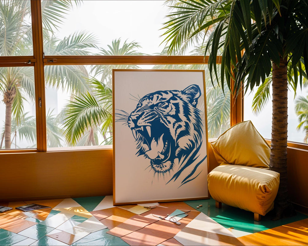Deep Blue Roaring Tiger Print, Bold Animal Poster wall art print, modern home decor, unframed artwork by Nomad & Nest