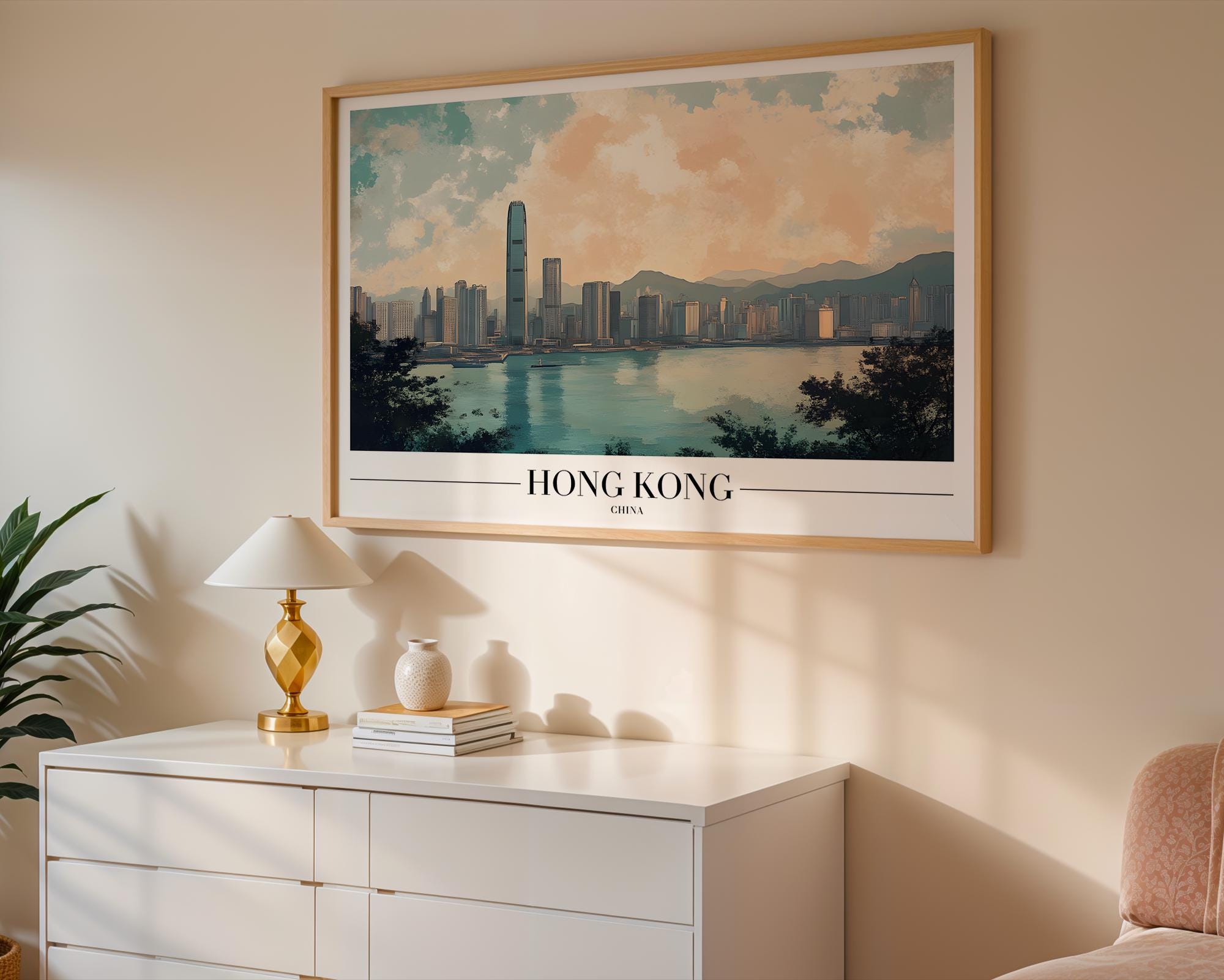 Hong Kong Skyline Print | Victoria Harbour Travel Poster wall art print, modern home decor, unframed artwork by Nomad & Nest
