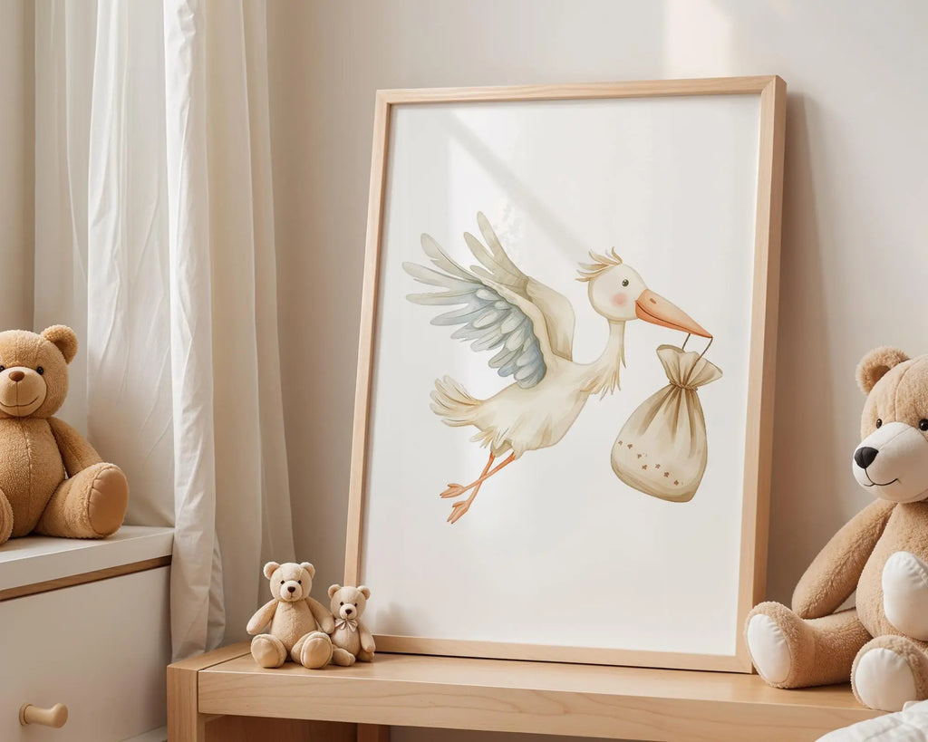 Playroom Ideas | Stork Nursery Wall Art | Flying Bird New Baby Arrival Print wall art print, modern home decor, unframed artwork by Nomad & Nest