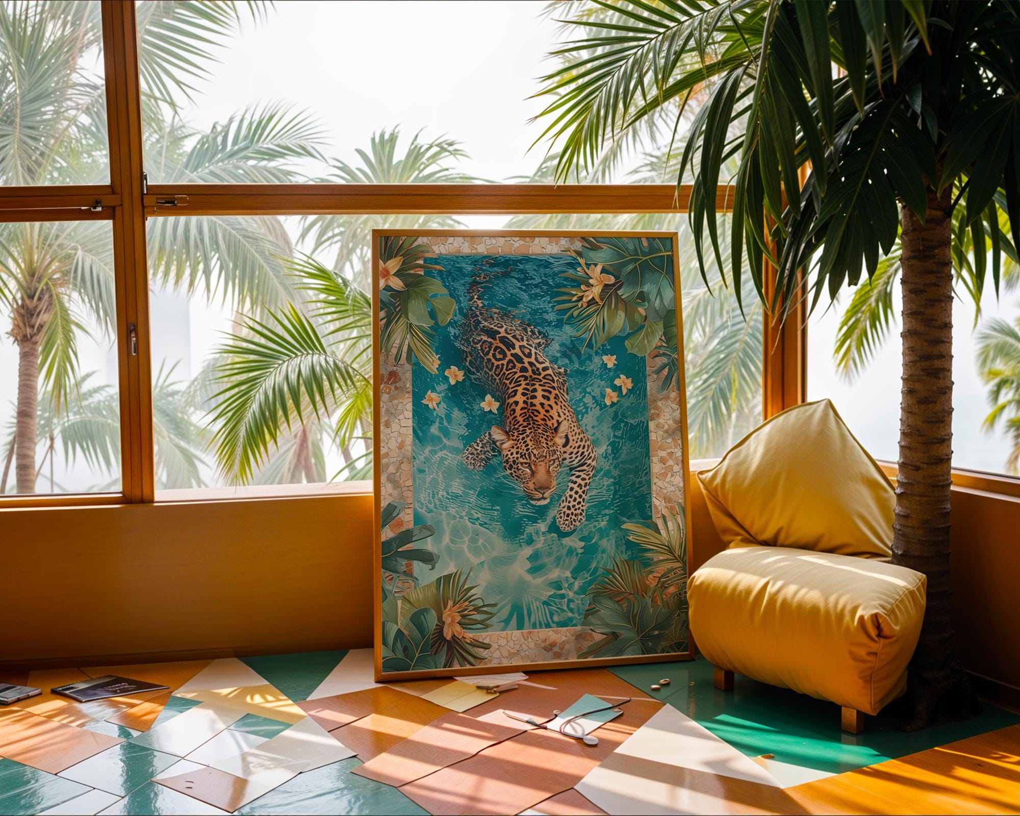 Colourful Prints | Leopard Swimming Pool Art Print | Tropical Jungle Decor wall art print, modern home decor, unframed artwork by Nomad & Nest