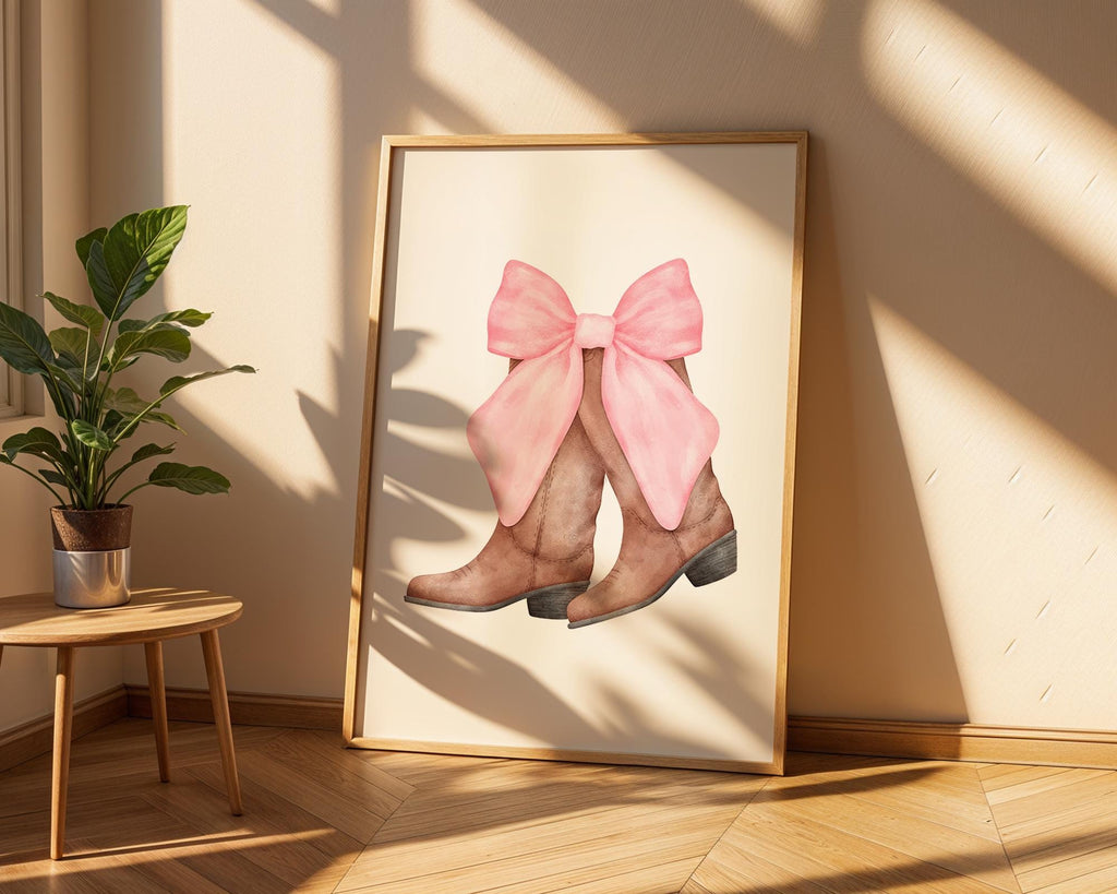 Watercolor Cowboy Boots Print | Pink Bow, Girly Western Decor wall art print, modern home decor, unframed artwork by Nomad & Nest