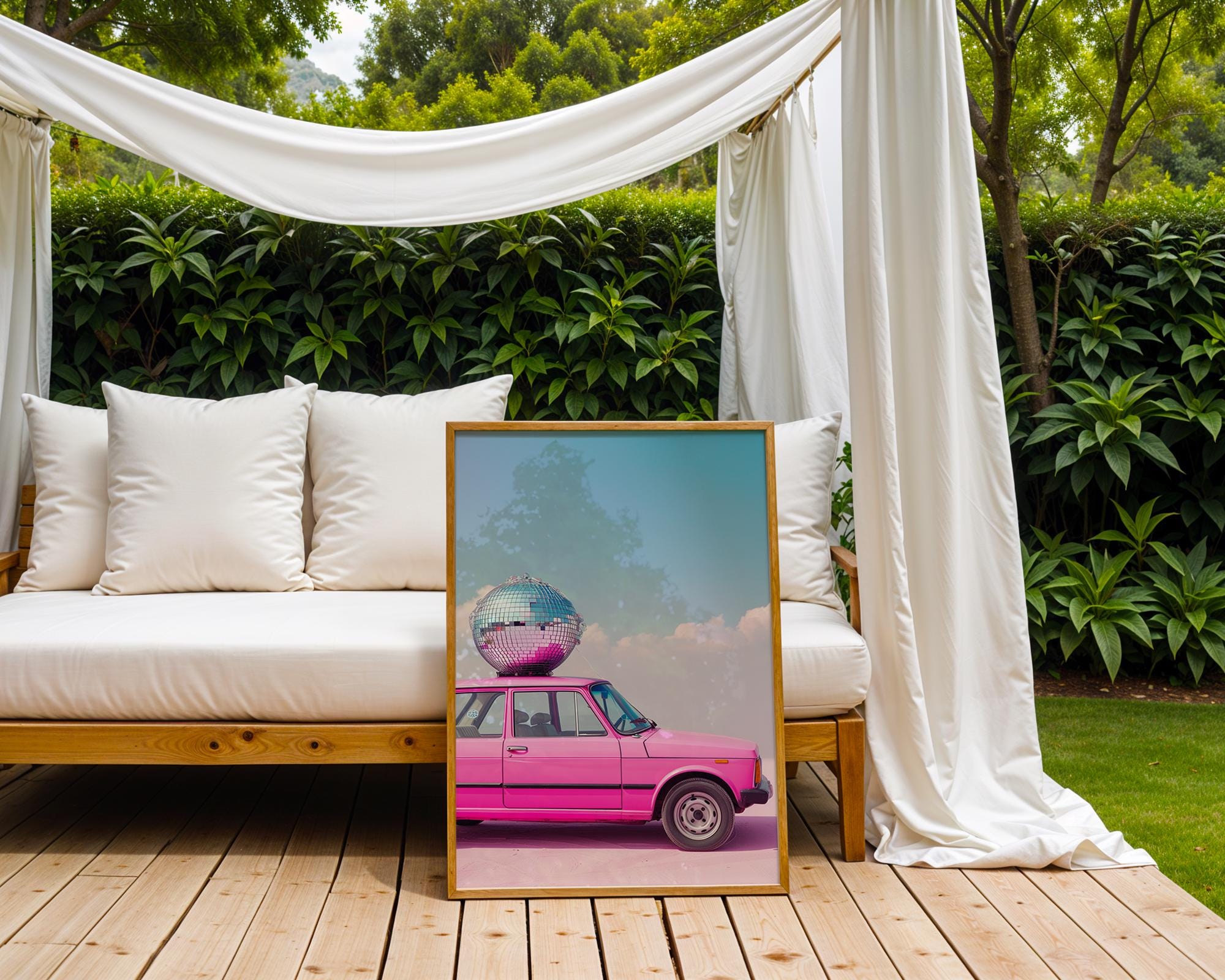 Colourful Prints | Pink Disco Car Print | Retro Pop Art for Fun Homes wall art print, modern home decor, unframed artwork by Nomad & Nest