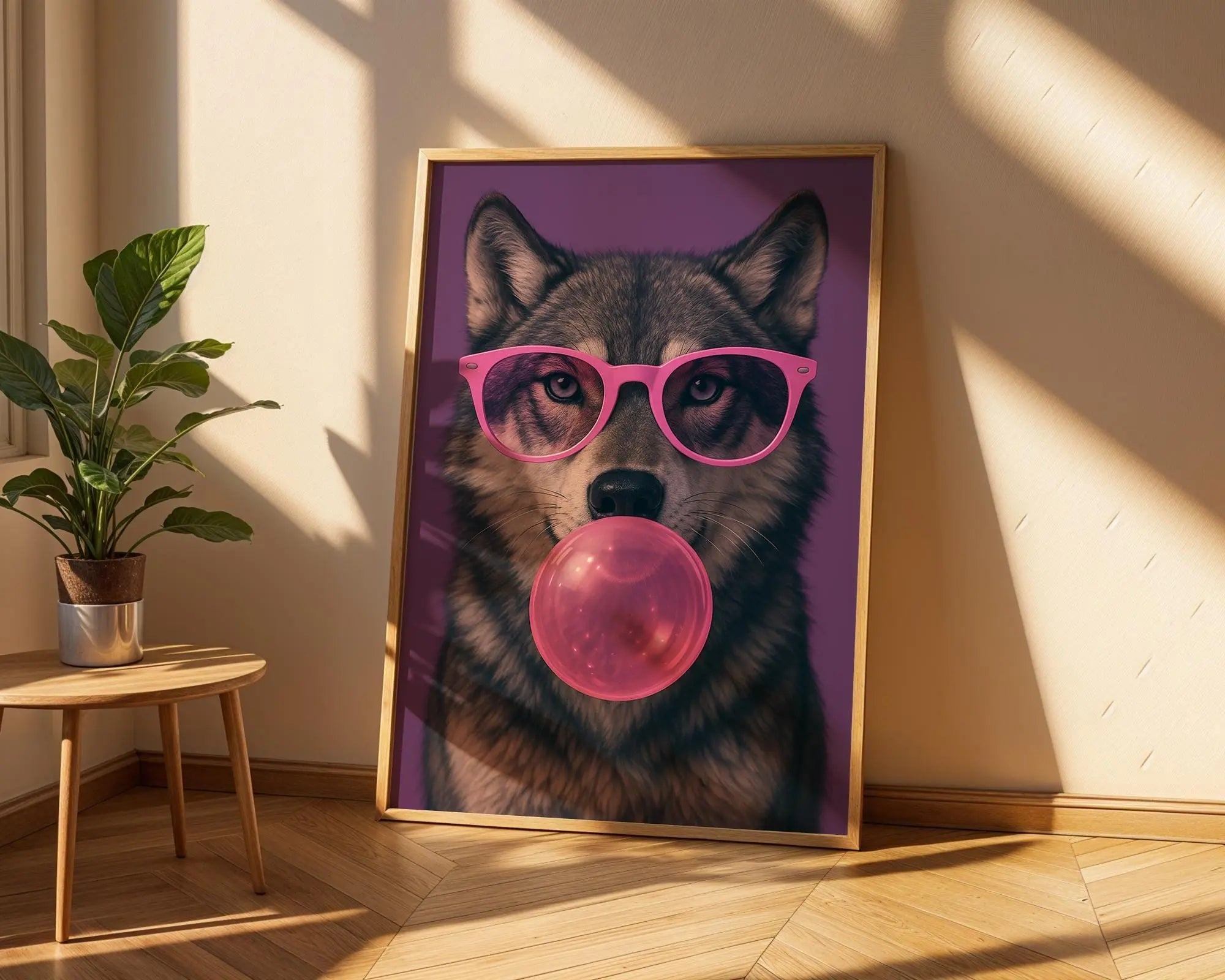 Colourful Prints | Wolf Bubblegum Print | Funky Animal Art with Pink Glasses wall art print, modern home decor, unframed artwork by Nomad & Nest