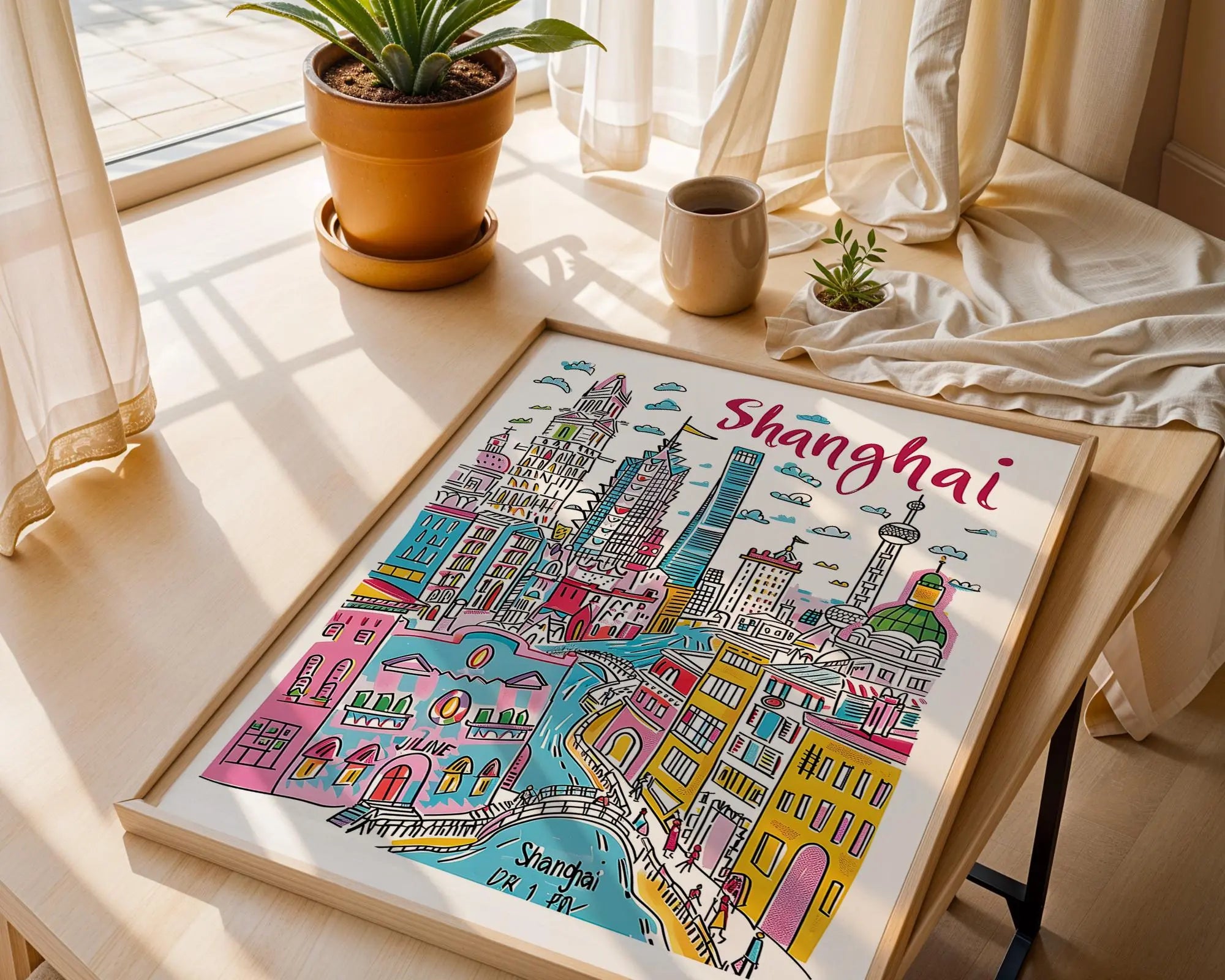 Shanghai Skyline Art Print | Colorful Hand-Drawn Cityscape wall art print, modern home decor, unframed artwork by Nomad & Nest