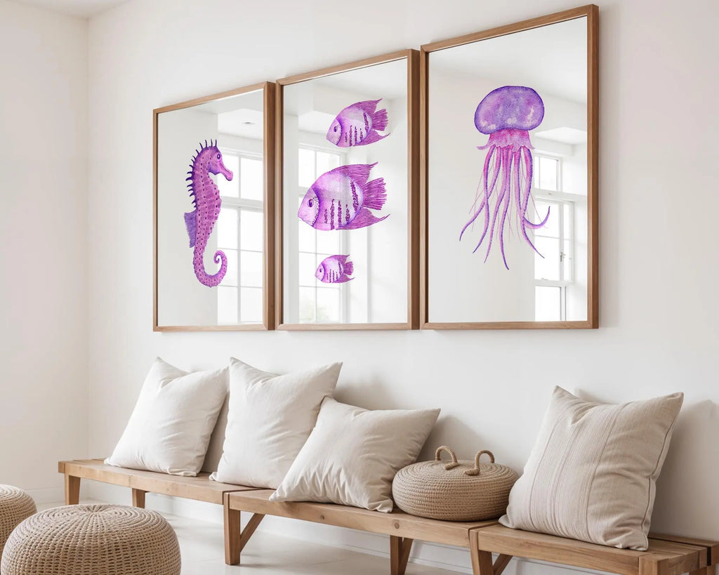 Colourful Prints | Purple Ocean Watercolor Print Set • Seahorse, Jellyfish & Fish Wall Art wall art print, modern home decor, unframed artwork by Nomad & Nest
