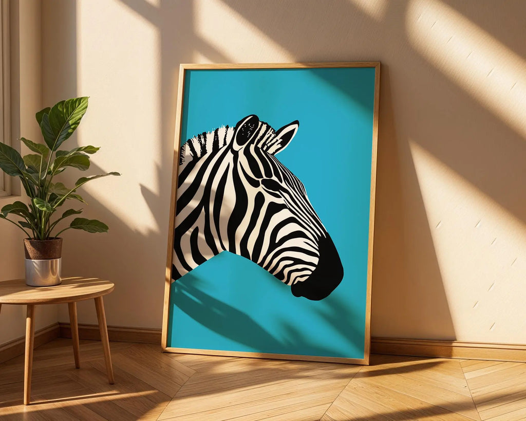 Zebra Pop Art Print | Bold Animal Illustration, Blue Background wall art print, modern home decor, unframed artwork by Nomad & Nest