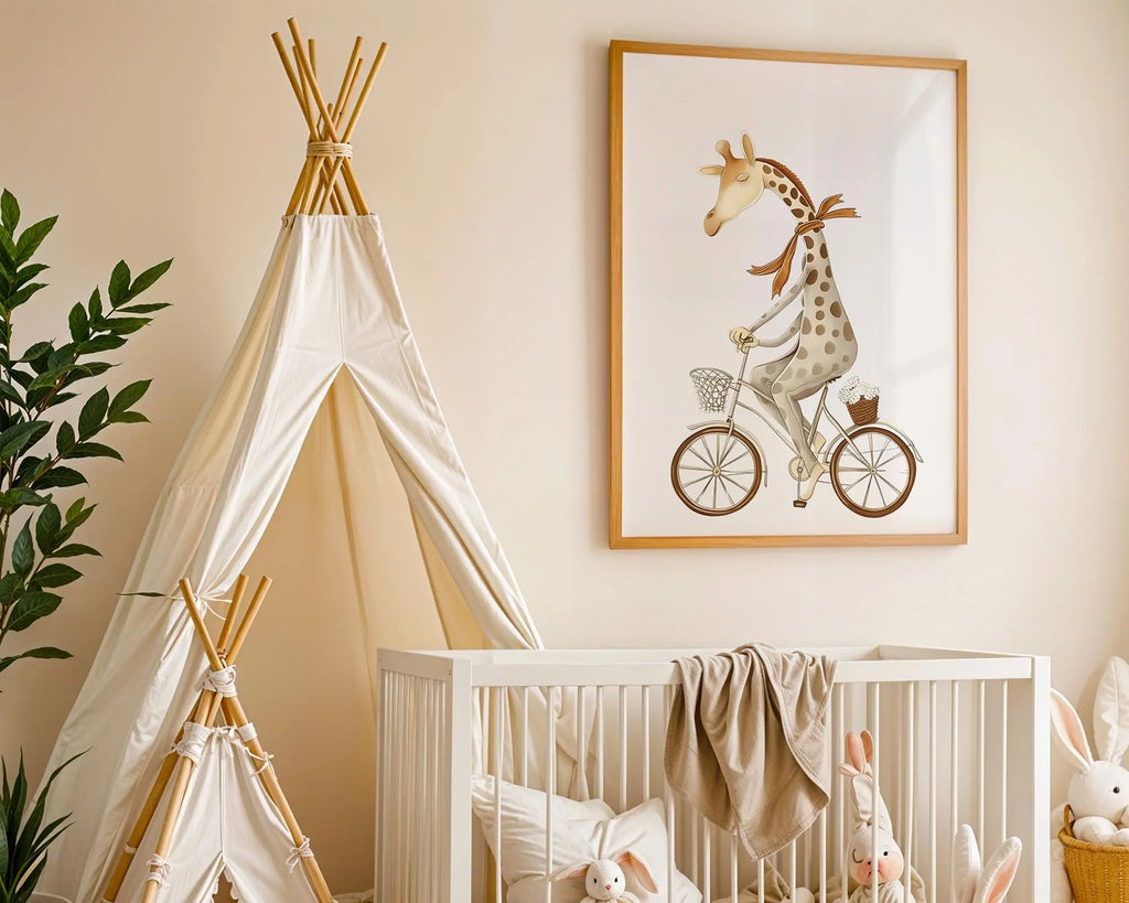 Playroom Ideas | Giraffe Bicycle Nursery Print | Whimsical Animal Art wall art print, modern home decor, unframed artwork by Nomad & Nest