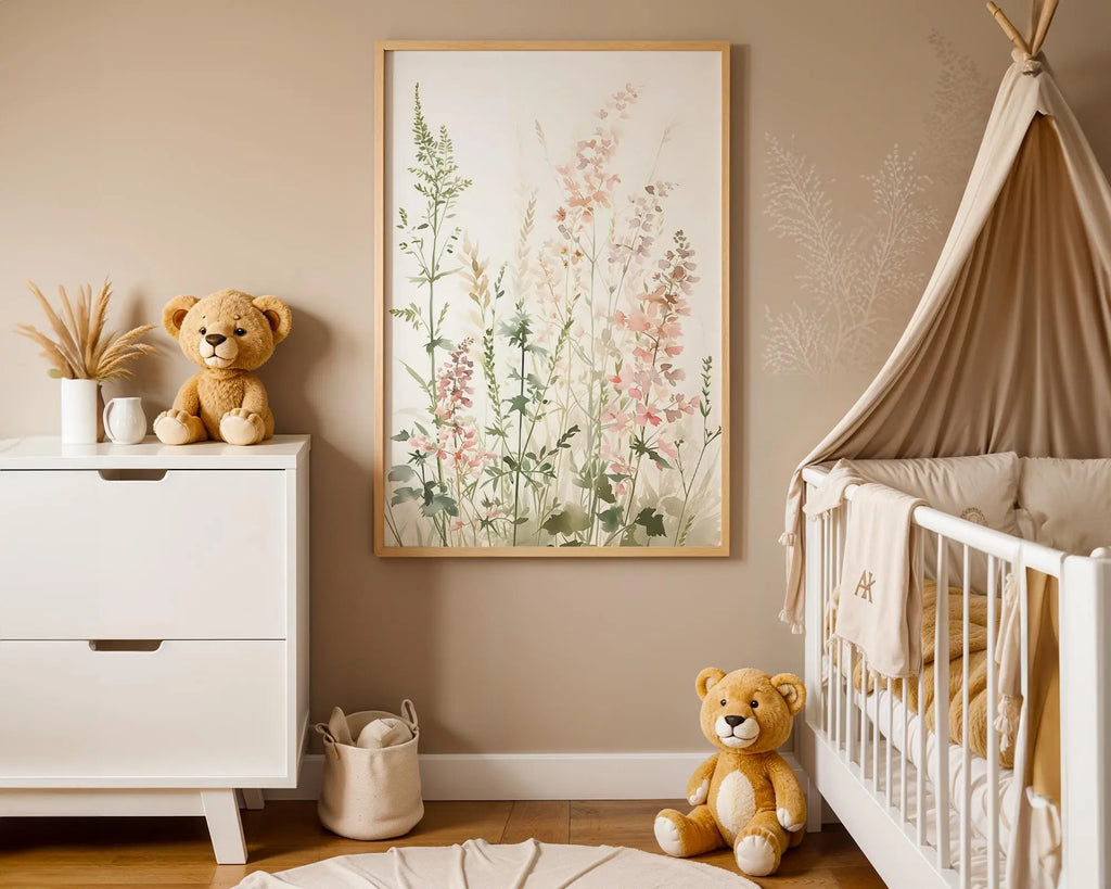 Playroom Ideas | Blush Meadow Nursery Print | Watercolour Floral Wall Art wall art print, modern home decor, unframed artwork by Nomad & Nest