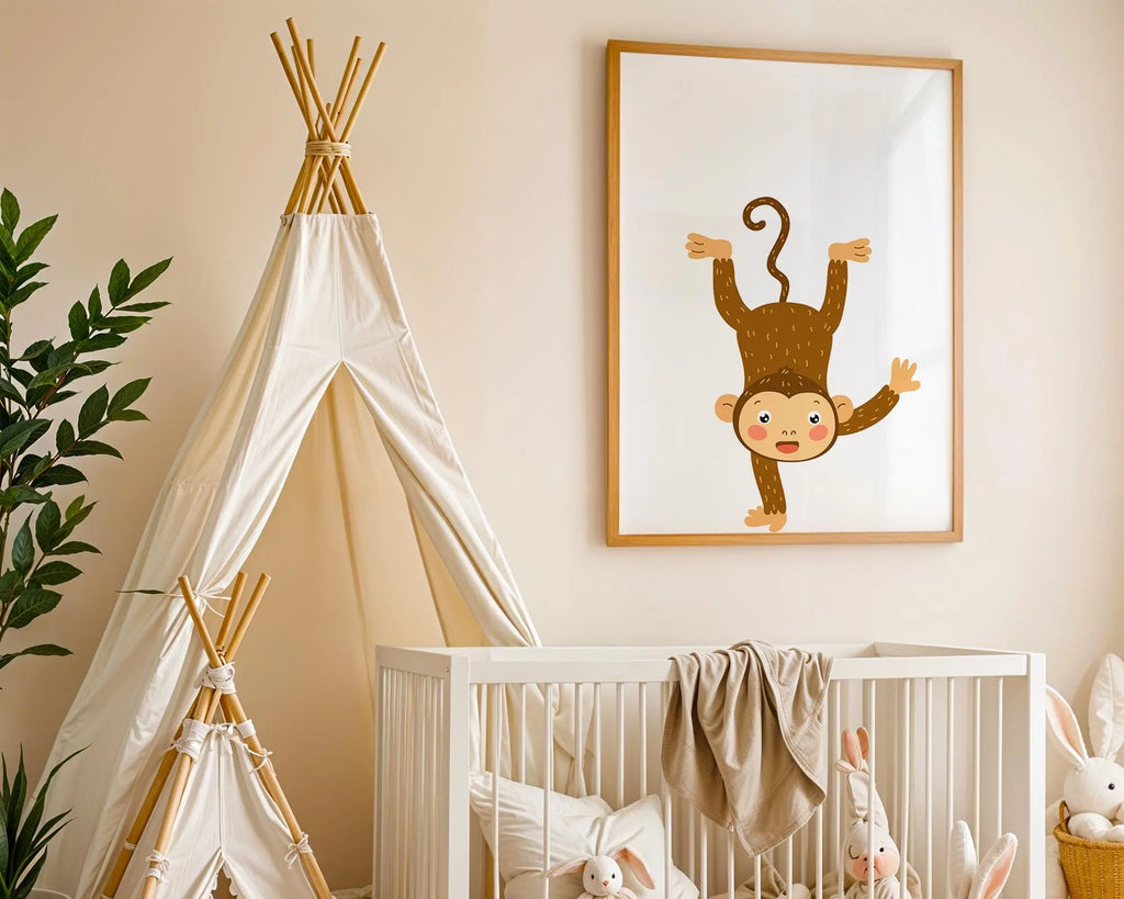 Playroom Ideas | Upside Down Monkey Nursery Wall Art | Fun Jungle Decor wall art print, modern home decor, unframed artwork by Nomad & Nest