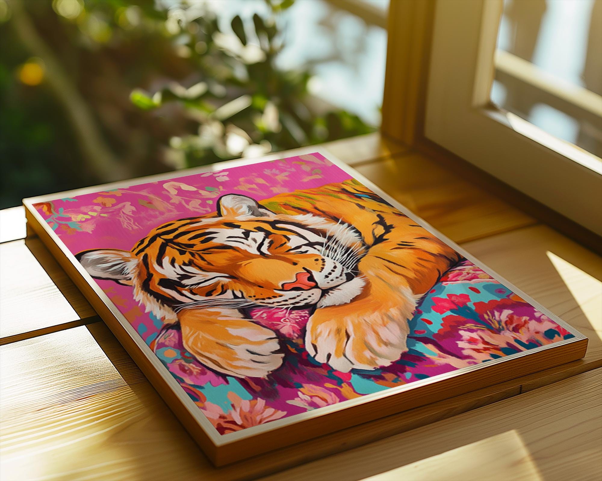 Sleeping Tiger Art Print | Pink Floral Cushion, Whimsical Jungle Decor wall art print, modern home decor, unframed artwork by Nomad & Nest