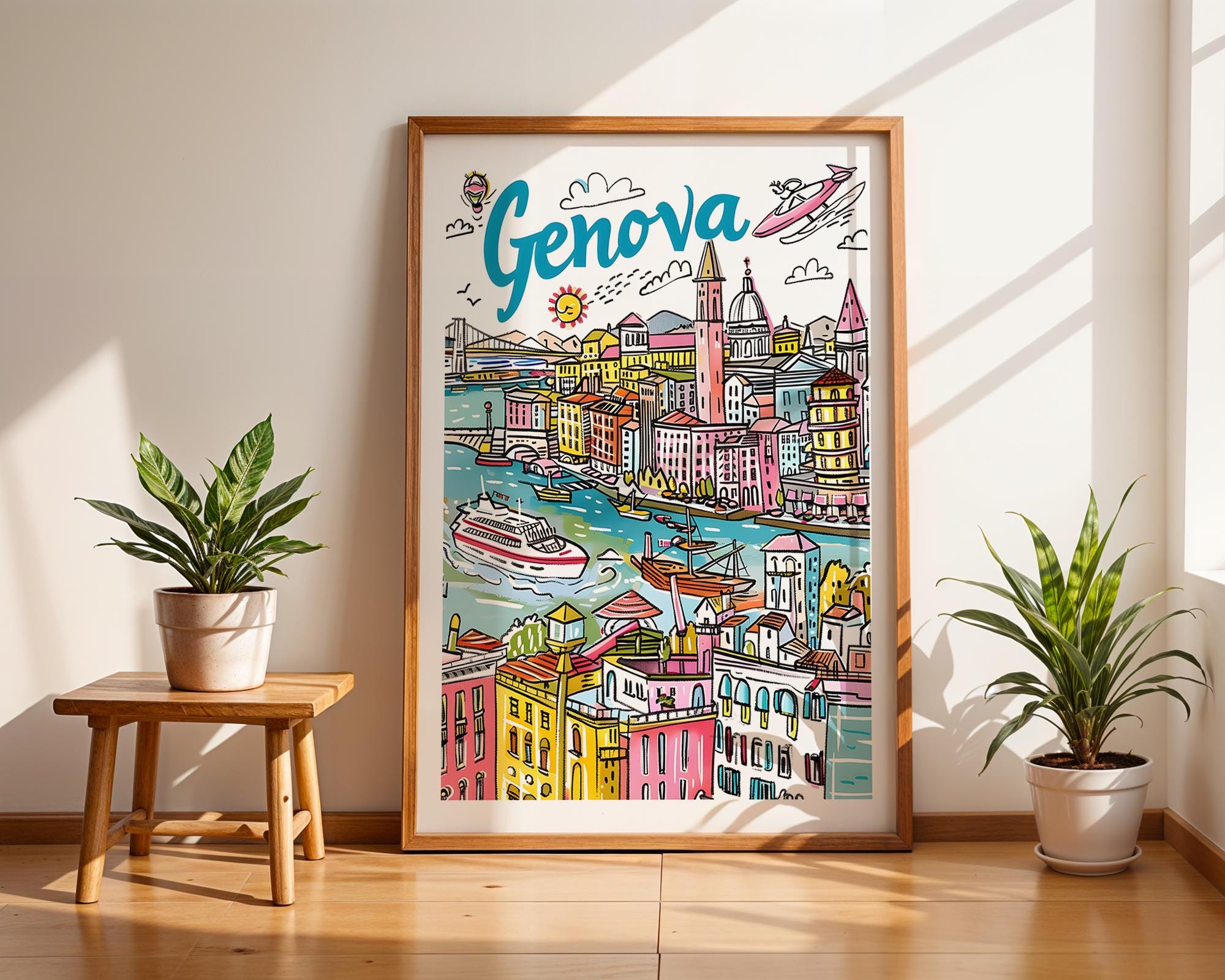 Genova Italy Travel Poster | Colorful Italian Riviera Wall Art wall art print, modern home decor, unframed artwork by Nomad & Nest
