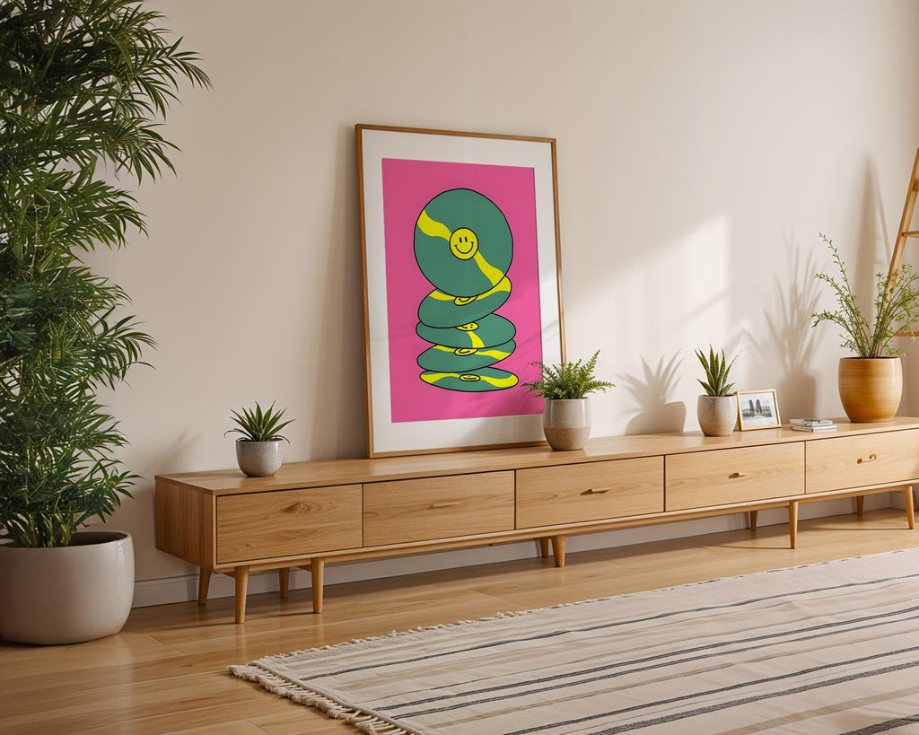 Modern Pop Art | Smiley Face Vinyl Record  Print | Retro Pink & Yellow Decor wall art print, modern home decor, unframed artwork by Nomad & Nest