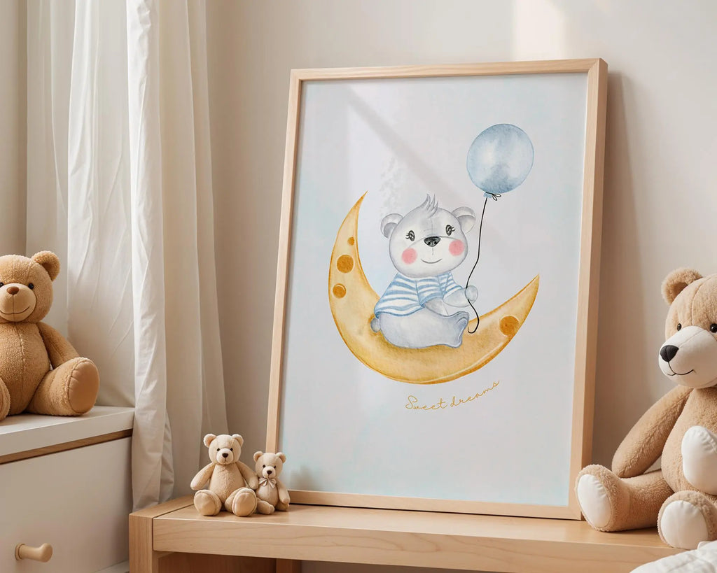 Playroom Ideas | Bear Moon Nursery Art | Sweet Dreams Baby Wall Print wall art print, modern home decor, unframed artwork by Nomad & Nest