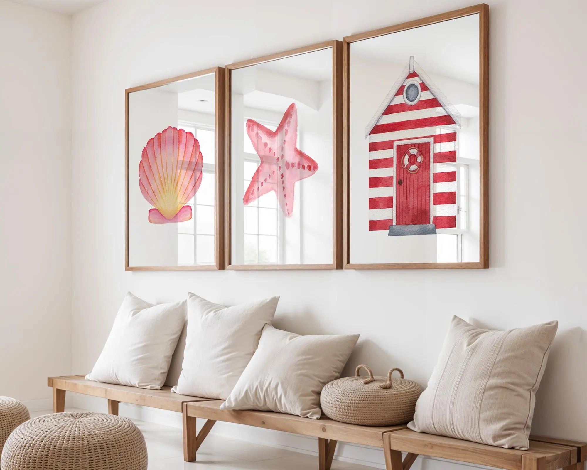 Colourful Prints | Coastal Wall Art Set | Pink Shell, Starfish, Beach Hut Prints wall art print, modern home decor, unframed artwork by Nomad & Nest