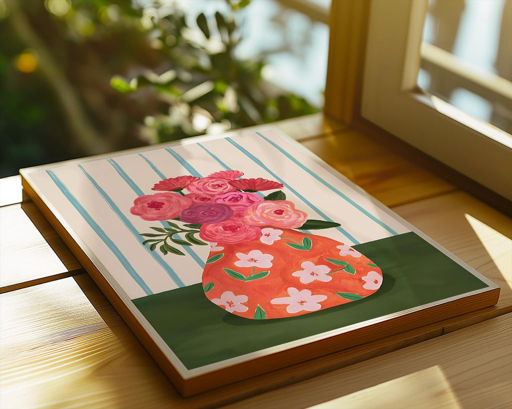 Floral Vase Art Print | Pink Flowers, Orange Pattern (Unframed) wall art print, modern home decor, unframed artwork by Nomad & Nest