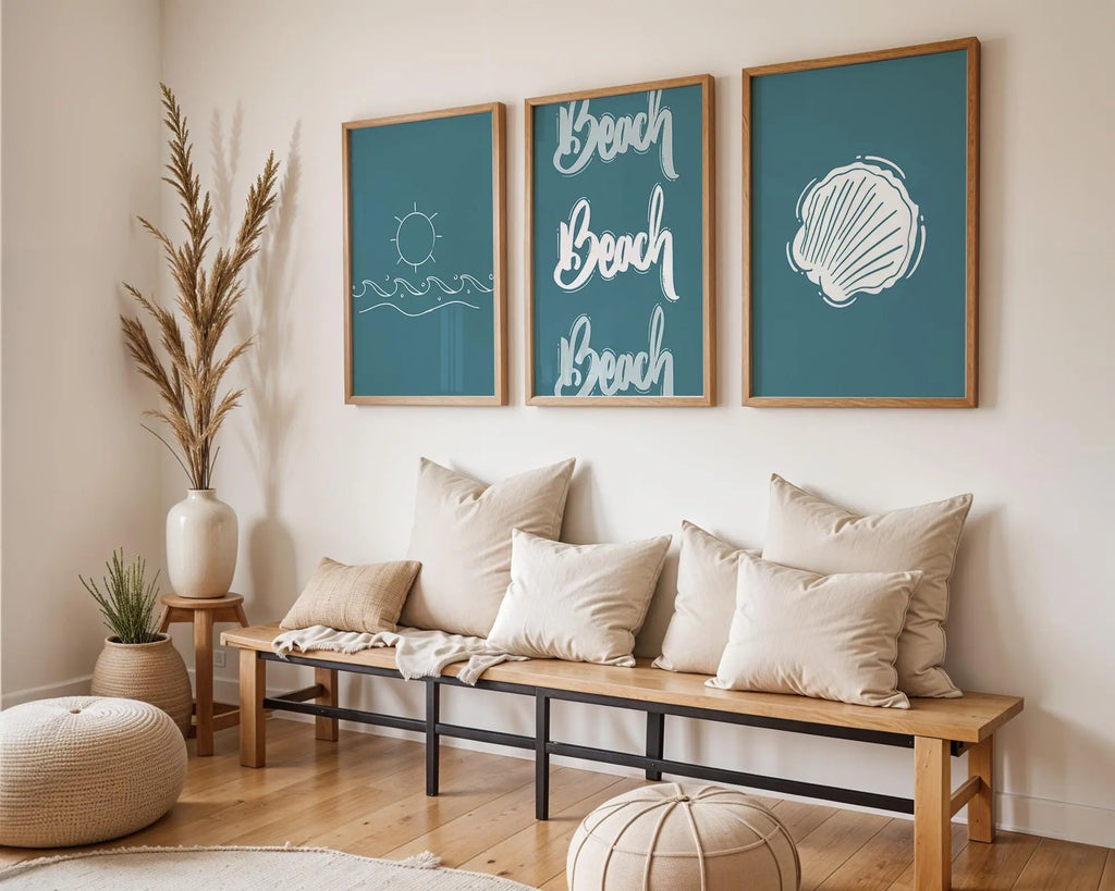 Colourful Prints | Teal Beach Prints Set • Coastal Typography, Shell Art wall art print, modern home decor, unframed artwork by Nomad & Nest