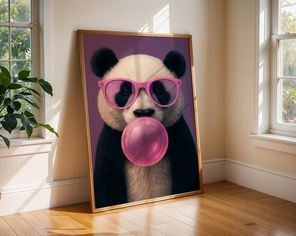 Colourful Prints | Funky Panda Bubblegum Print | Pink Glasses, Pop Art Vibes wall art print, modern home decor, unframed artwork by Nomad & Nest