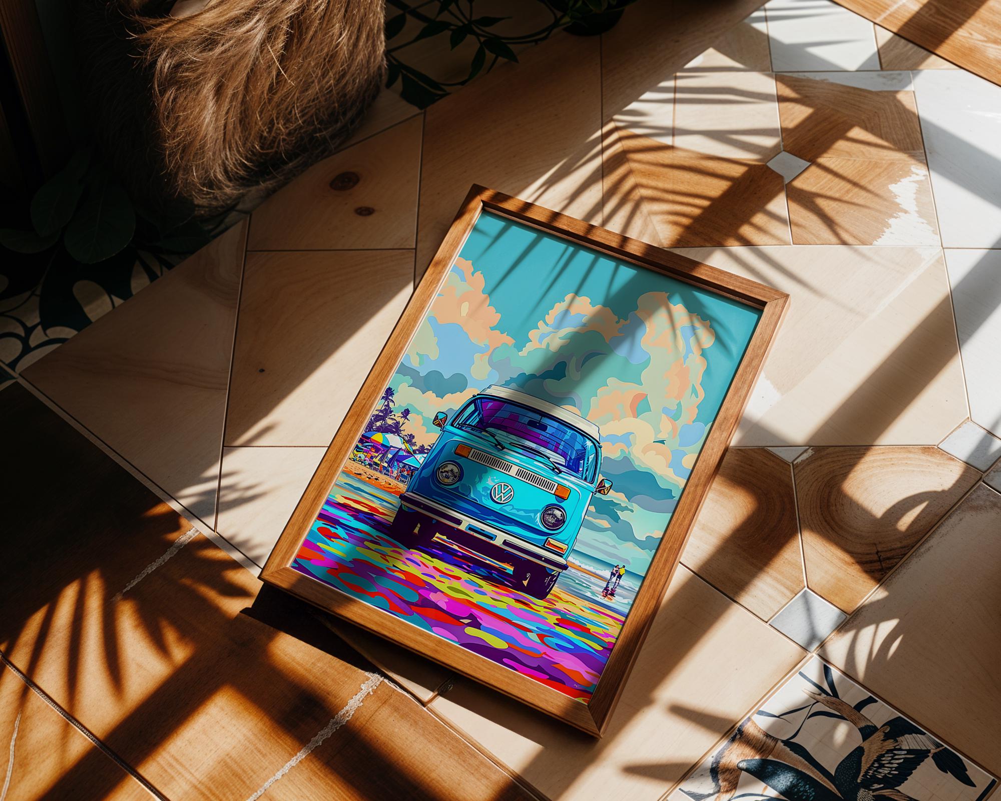 Modern Pop Art | Retro VW Bus Beach Print | Colorful Bohemian Van wall art print, modern home decor, unframed artwork by Nomad & Nest