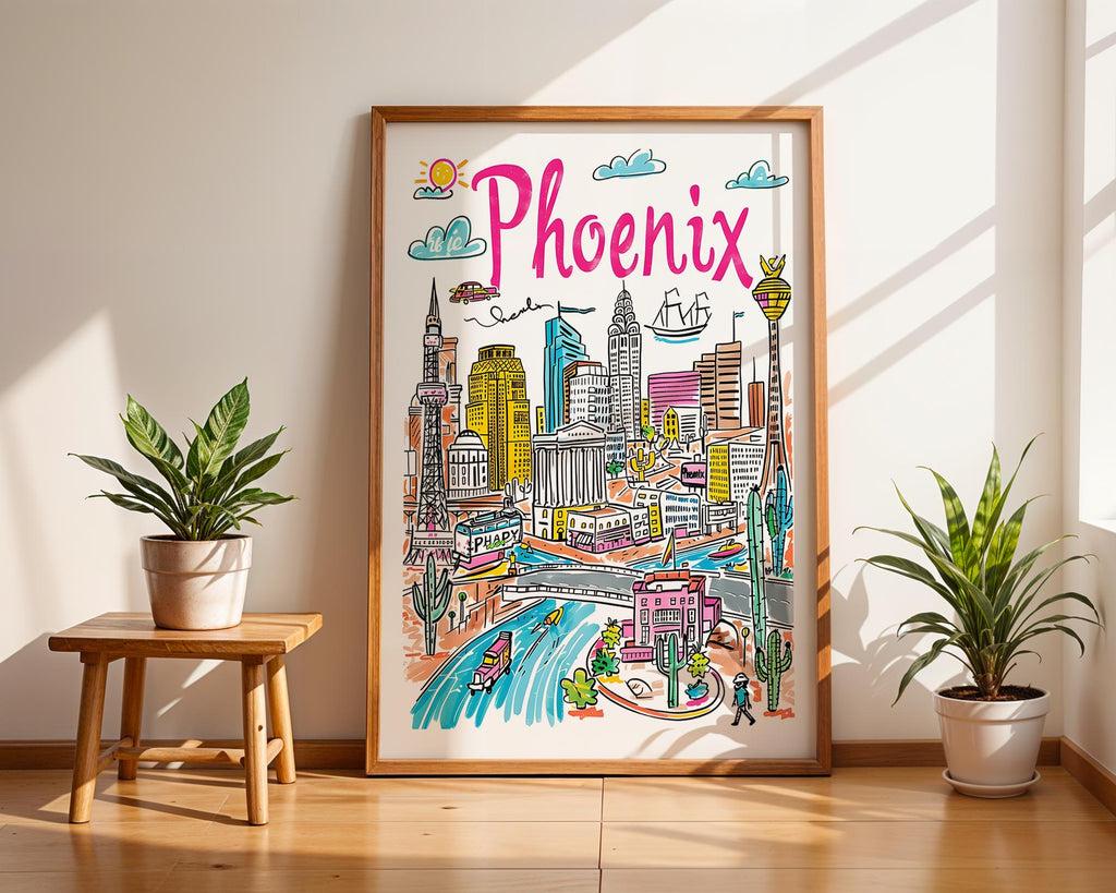 Phoenix Arizona Travel Poster | Colorful Cityscape Art Print wall art print, modern home decor, unframed artwork by Nomad & Nest