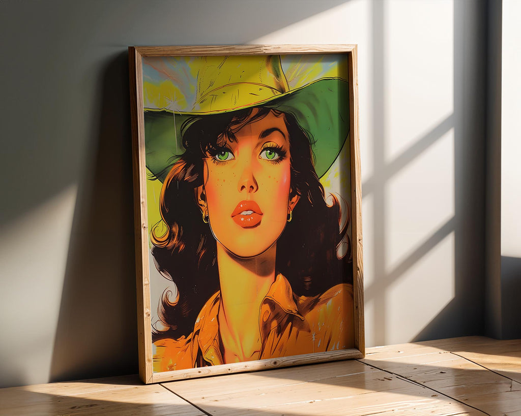 Modern Pop Art | Cowgirl Portrait | Retro Western Woman with Green Hat Poster wall art print, modern home decor, unframed artwork by Nomad & Nest