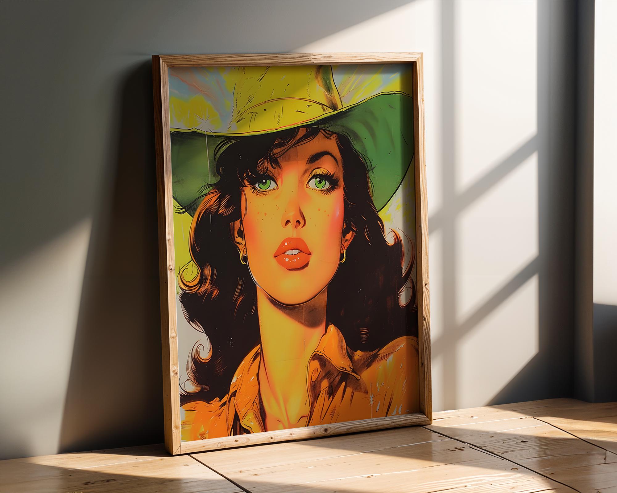 Modern Pop Art | Cowgirl Portrait | Retro Western Woman with Green Hat Poster wall art print, modern home decor, unframed artwork by Nomad & Nest