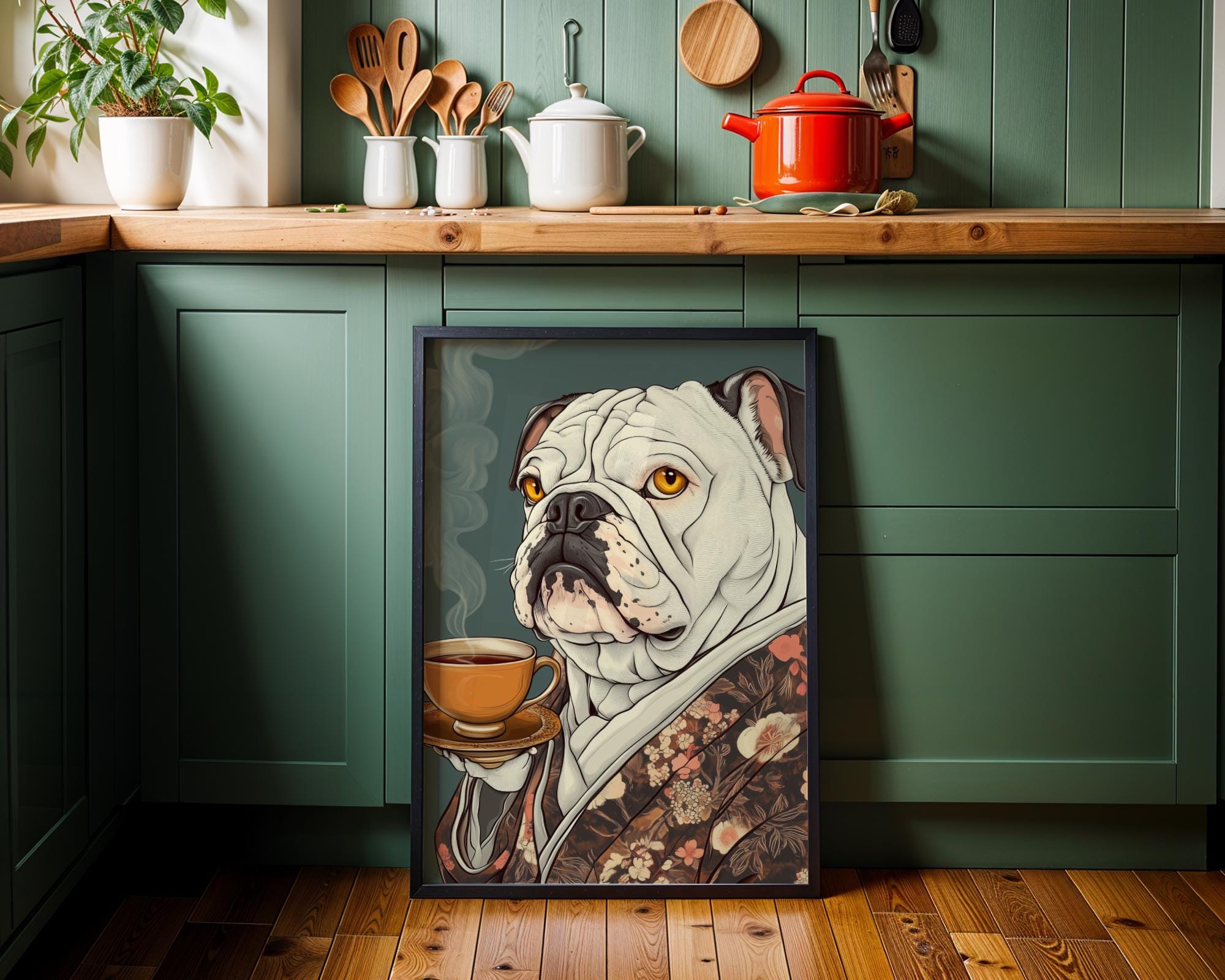 Japanese Poster | Bulldog Kimono Art Print – Funny Oriental Dog Tea wall art print, modern home decor, unframed artwork by Nomad & Nest