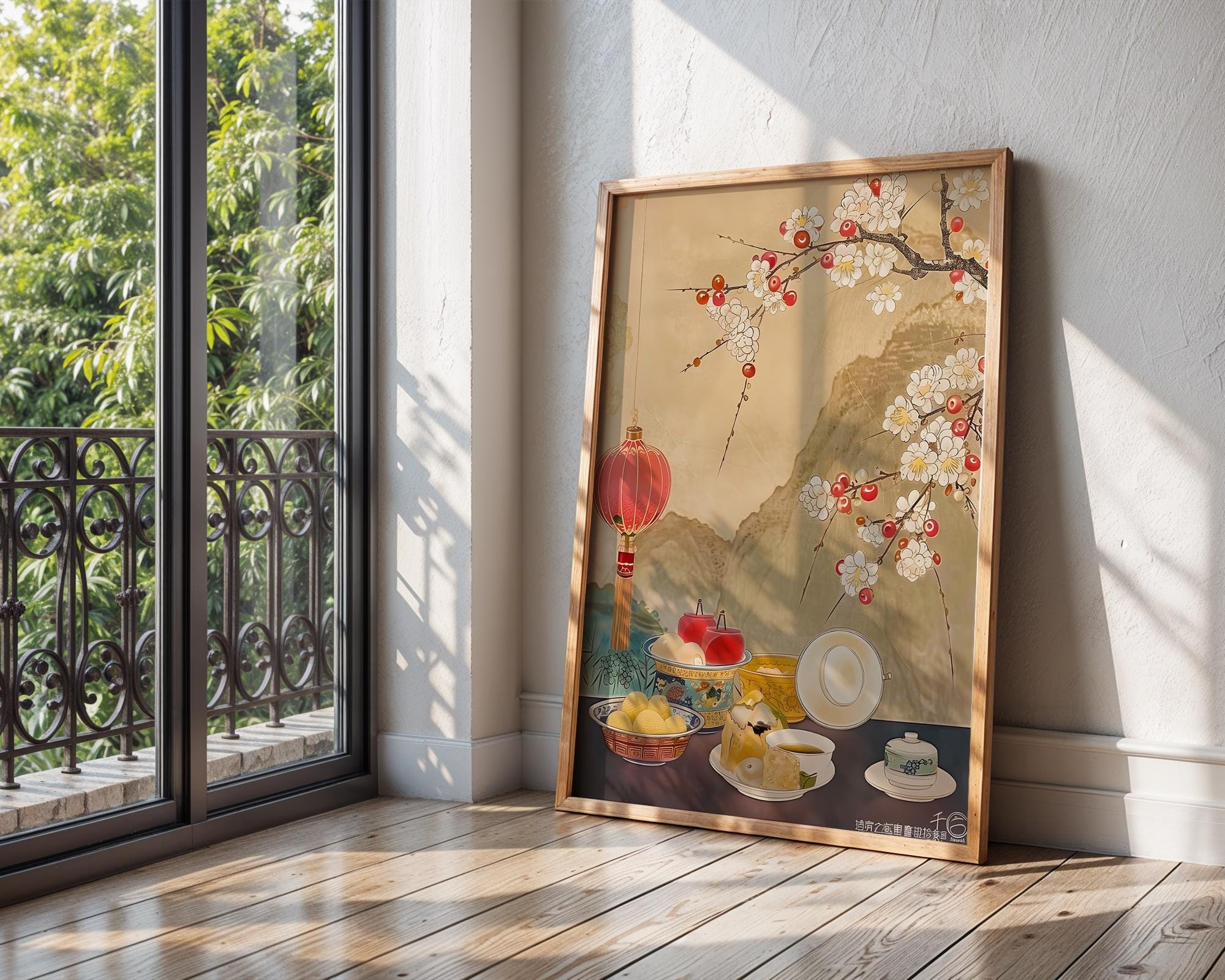 Oriental Tea Ceremony Print | Cherry Blossom, Lanterns Asian Wall Art wall art print, modern home decor, unframed artwork by Nomad & Nest