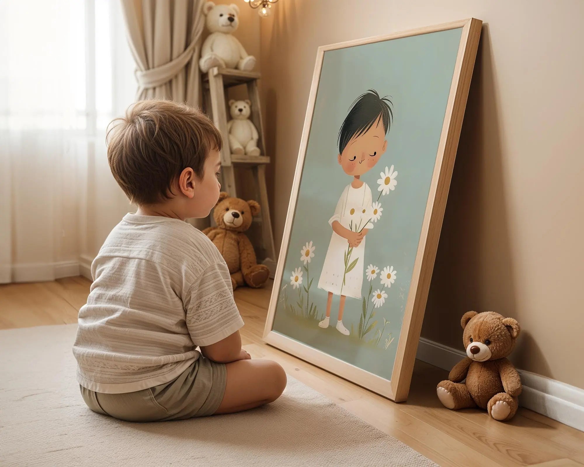 Playroom Ideas | Child With Flowers Nursery Print | Soft Boho Wall Art wall art print, modern home decor, unframed artwork by Nomad & Nest