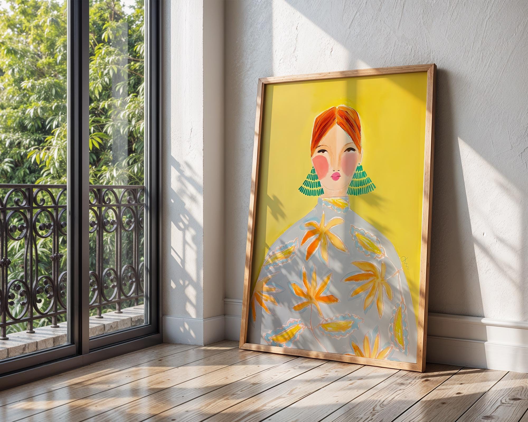 Modern Woman Portrait Art Print | Green Earrings, Yellow Decor wall art print, modern home decor, unframed artwork by Nomad & Nest