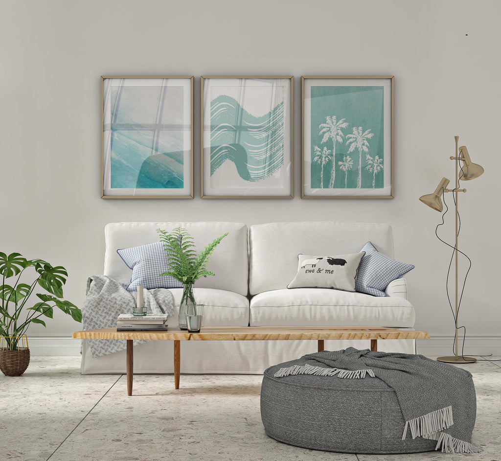 Colourful Prints | Coastal Palm Tree Print Set Ocean Waves, Boho Beach House Art wall art print, modern home decor, unframed artwork by Nomad & Nest