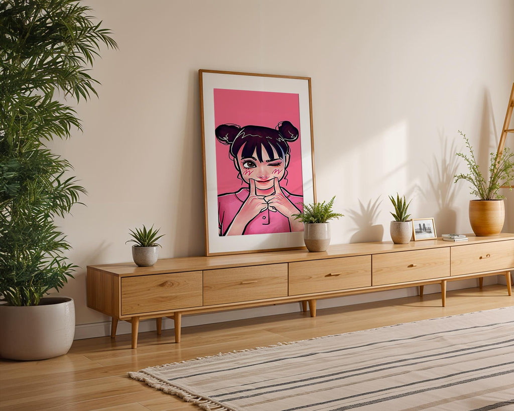 Modern Pop Art | Winking Girl  Poster | Kawaii Pink Cartoon Decor wall art print, modern home decor, unframed artwork by Nomad & Nest