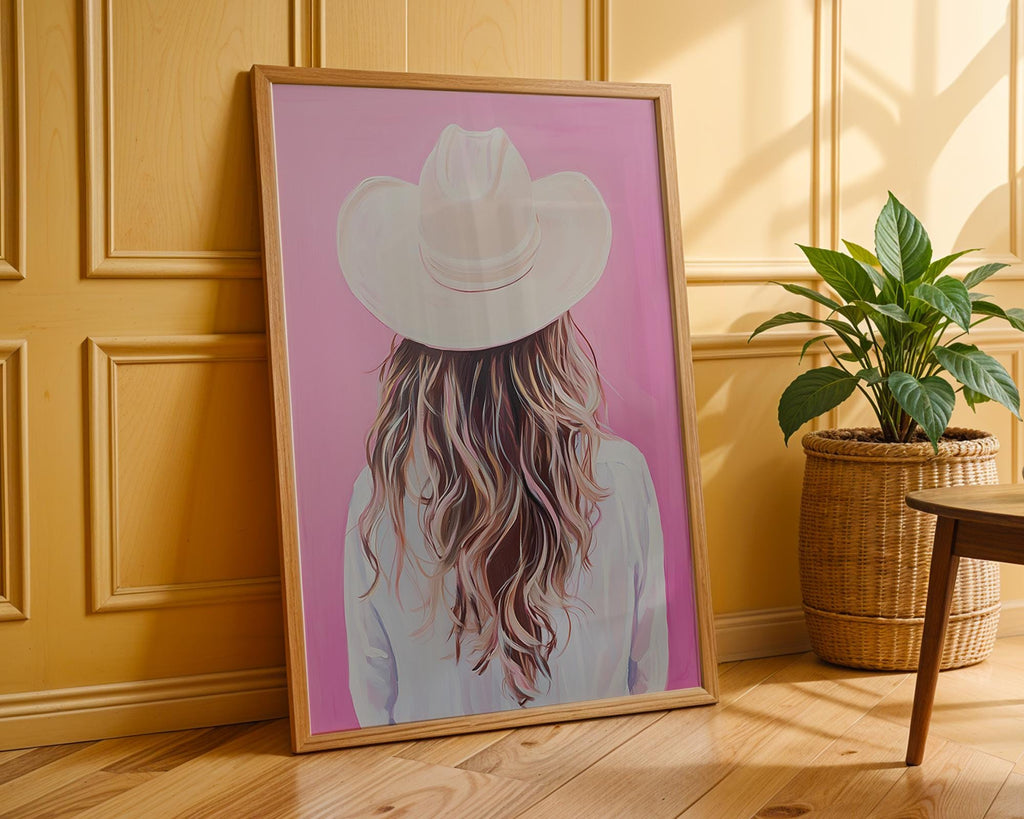 Coastal Cowgirl Art Print | Blonde Hair, Pink Western Decor wall art print, modern home decor, unframed artwork by Nomad & Nest