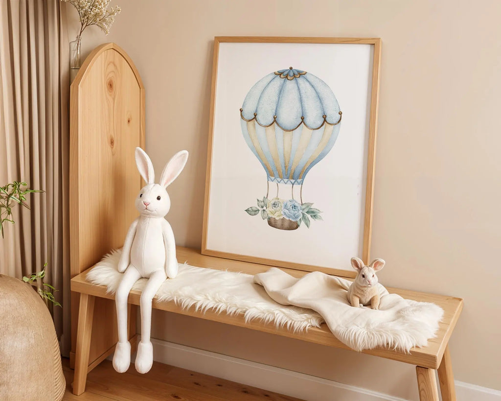 Playroom Ideas | Blue Hot Air Balloon Nursery Print | Vintage Floral Wall Art wall art print, modern home decor, unframed artwork by Nomad & Nest
