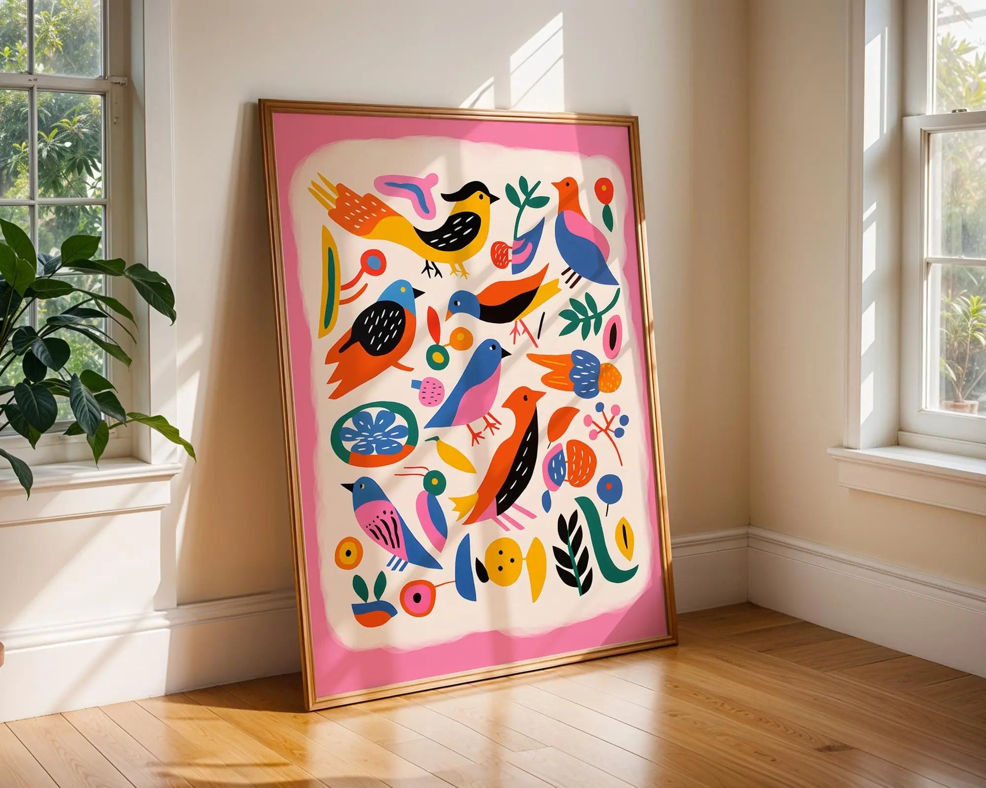 Colorful Birds Art Print | Modern Scandinavian Folk Poster wall art print, modern home decor, unframed artwork by Nomad & Nest