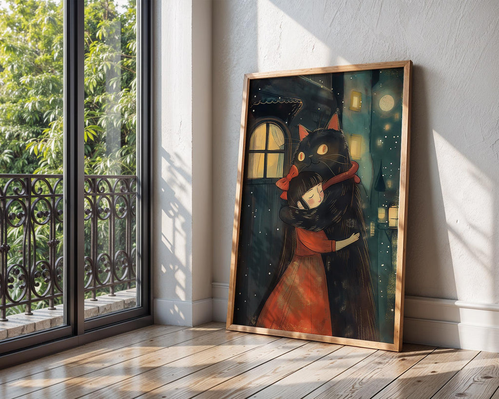 Girl and Black Cat Hug Print | Whimsical Bedroom Wall Art wall art print, modern home decor, unframed artwork by Nomad & Nest