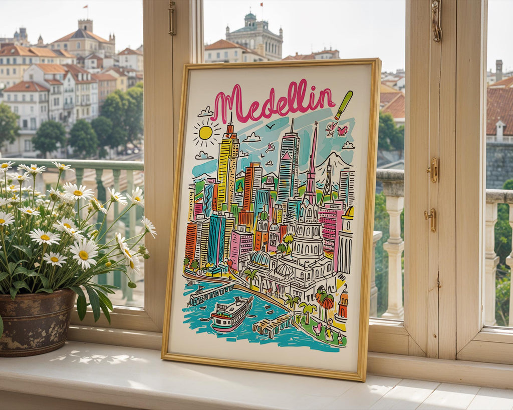 Medellín Skyline Print | Colombia Travel Poster wall art print, modern home decor, unframed artwork by Nomad & Nest